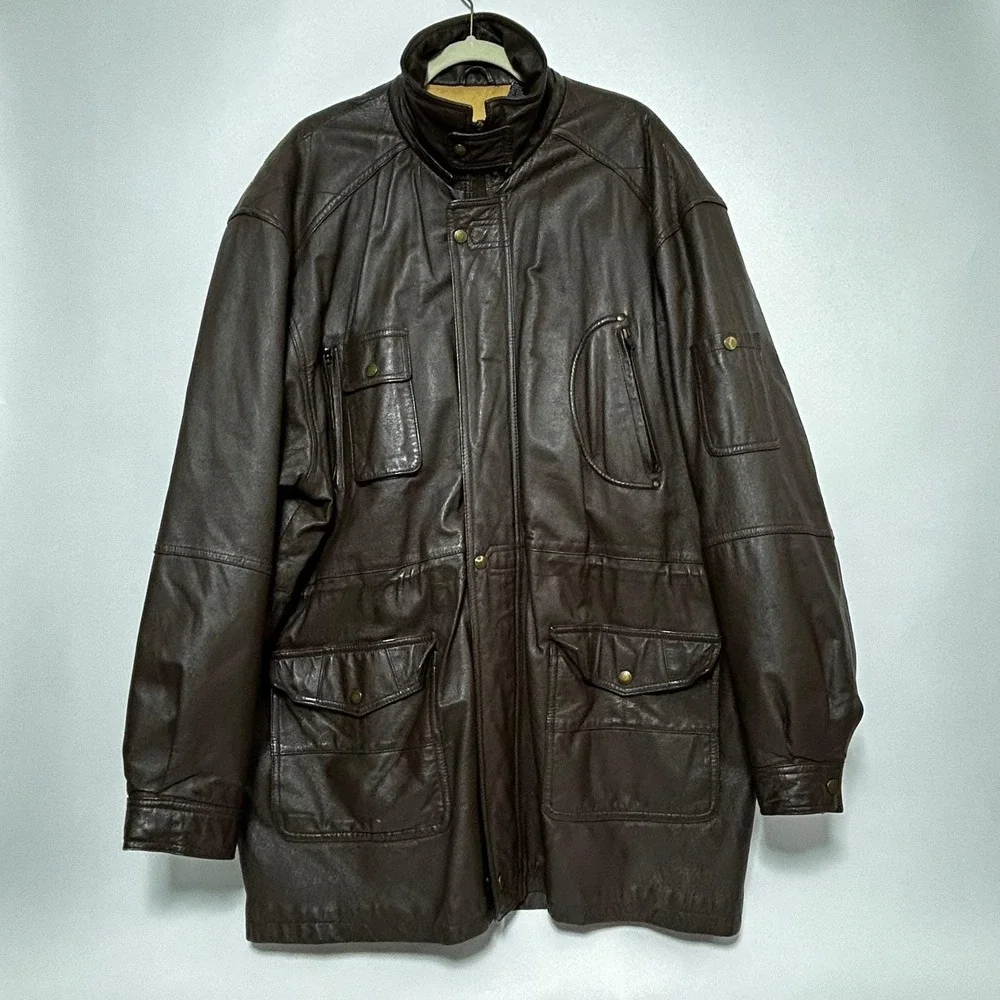 VTG Spiegel Leather Safari Photographer Utility Jacket Brown Chore Mens XLT Tall